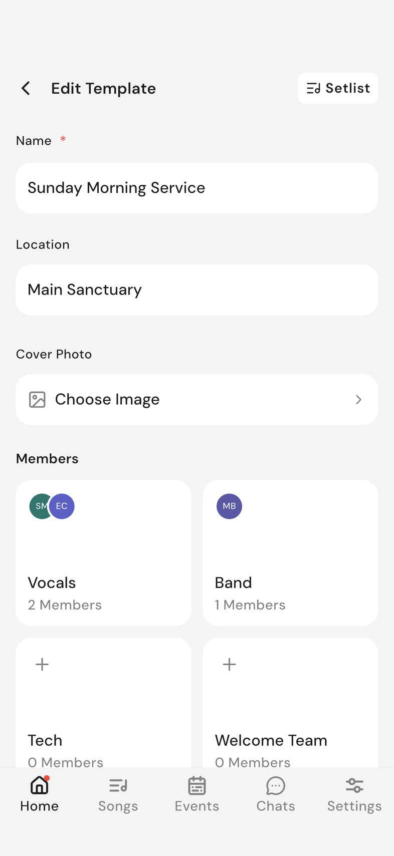 Edit Template screen with Name, Location and cover photo