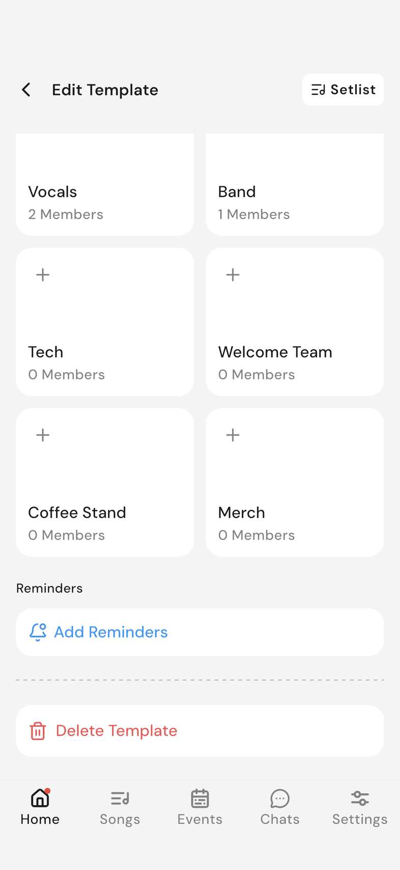Edit Template screen scrolled to the Delete Template button