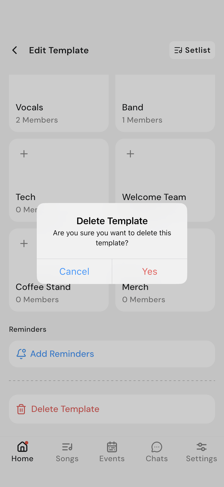 Are you sure you want to delete this template? confirmation with Yes