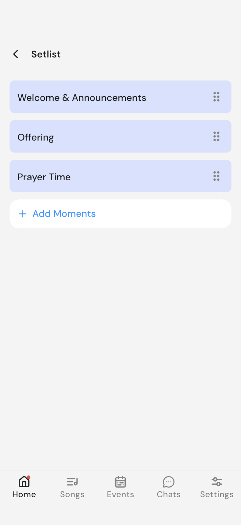 Template Setlist screen with the Add Moments button below the list