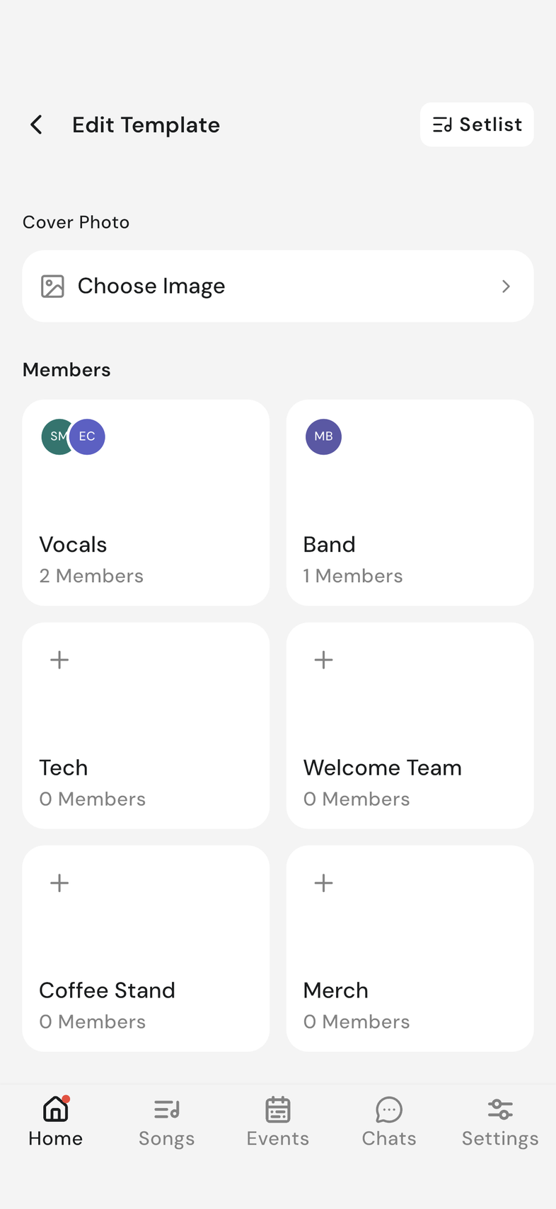 Template Members section showing the group cards