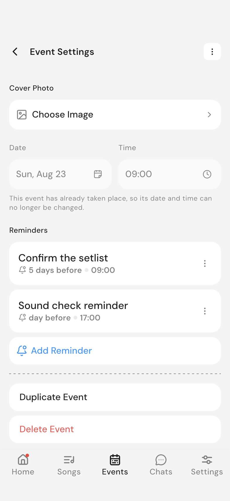 Event Settings screen with Duplicate Event and Delete Event at the bottom