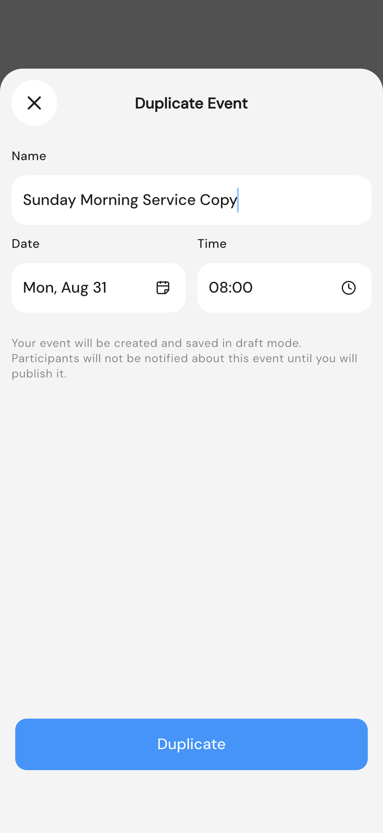 Duplicate Event sheet with a new name and date filled in