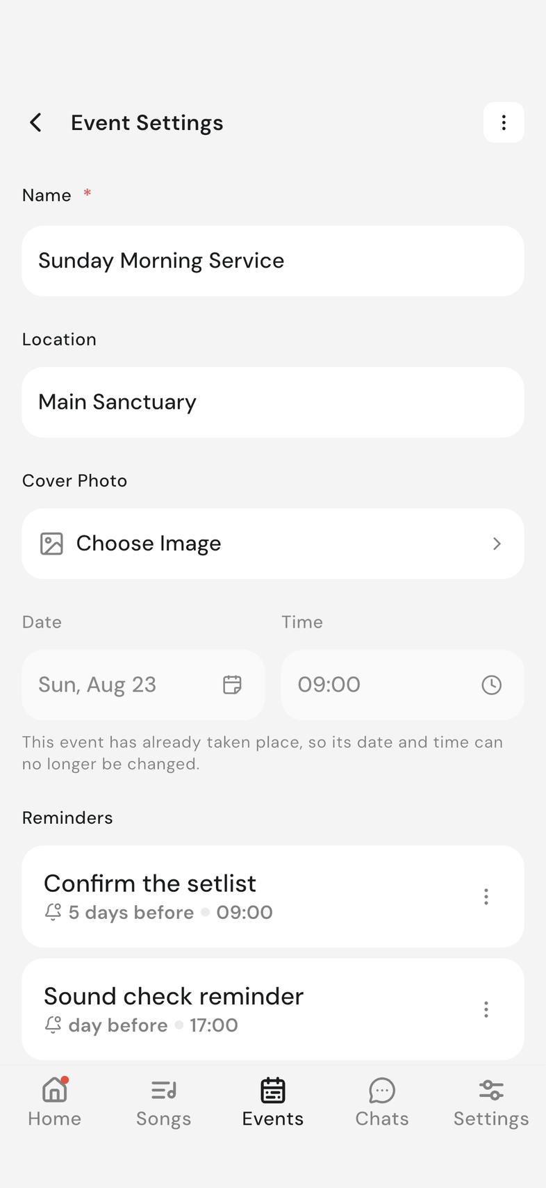 Event Settings screen, Name, Location and date and time fields