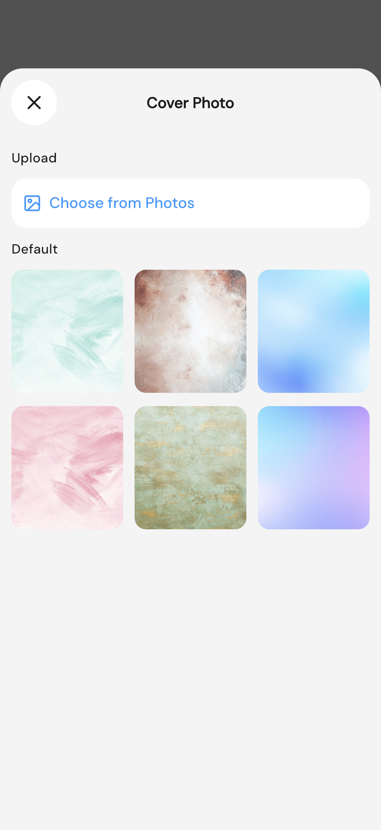 Cover Photo sheet with the Upload row above the Default covers