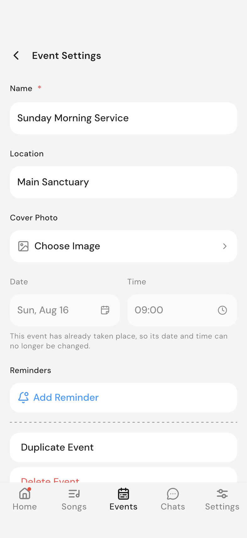 Event Settings with the locked date field and the hint below it