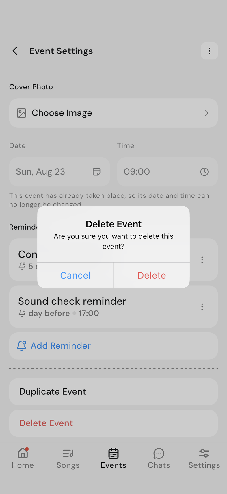 Delete Event confirmation over the Event Settings screen