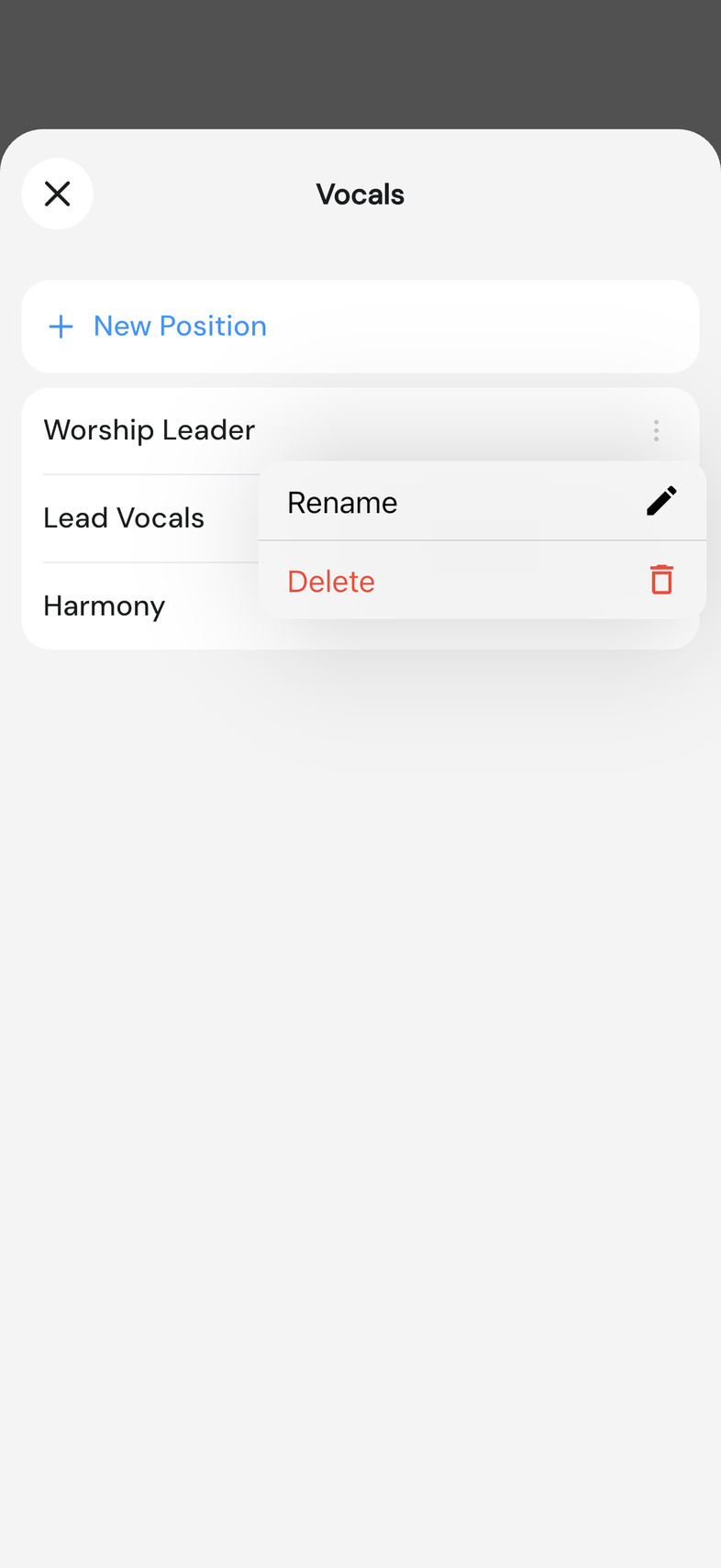 Positions list inside a group, three-dot menu open on one row
