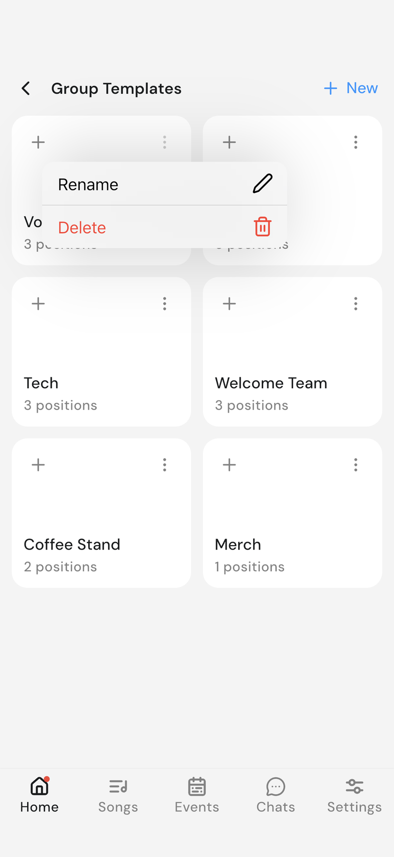 Group Templates screen, three-dot menu open on a group card