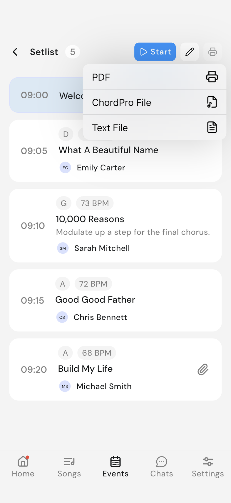 printer menu on the setlist showing PDF, ChordPro File and Text File