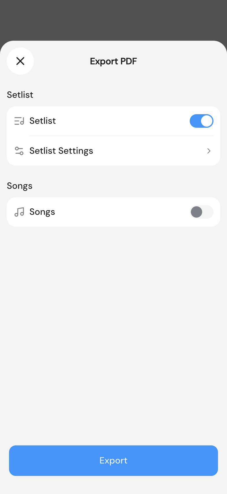 Export PDF sheet with the Setlist and Songs sections and the Export button