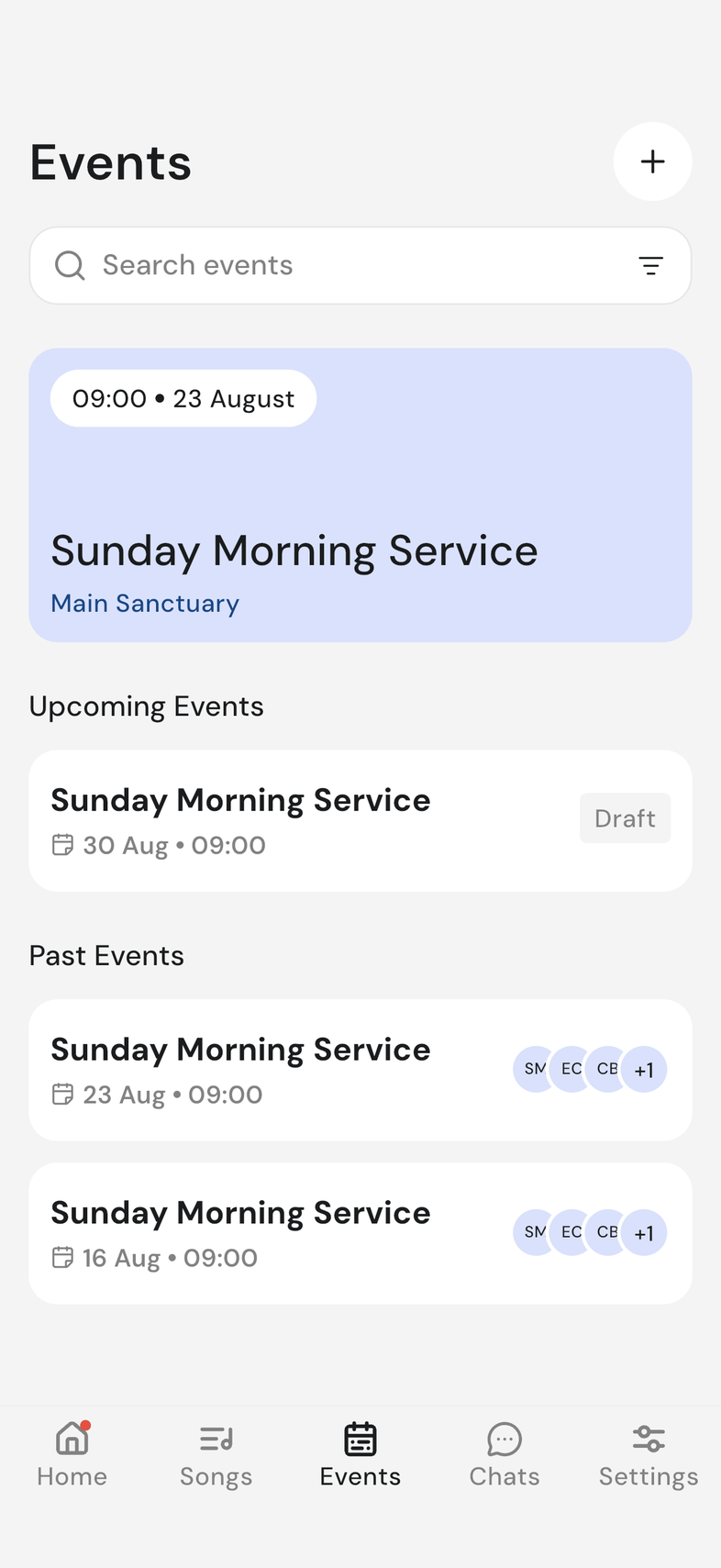 Events tab on mobile showing the next event tile, Upcoming Events and Past Events