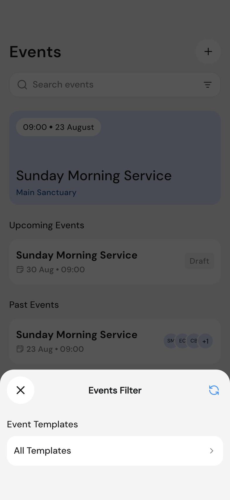 Events Filter sheet with Event Templates and All Templates showing