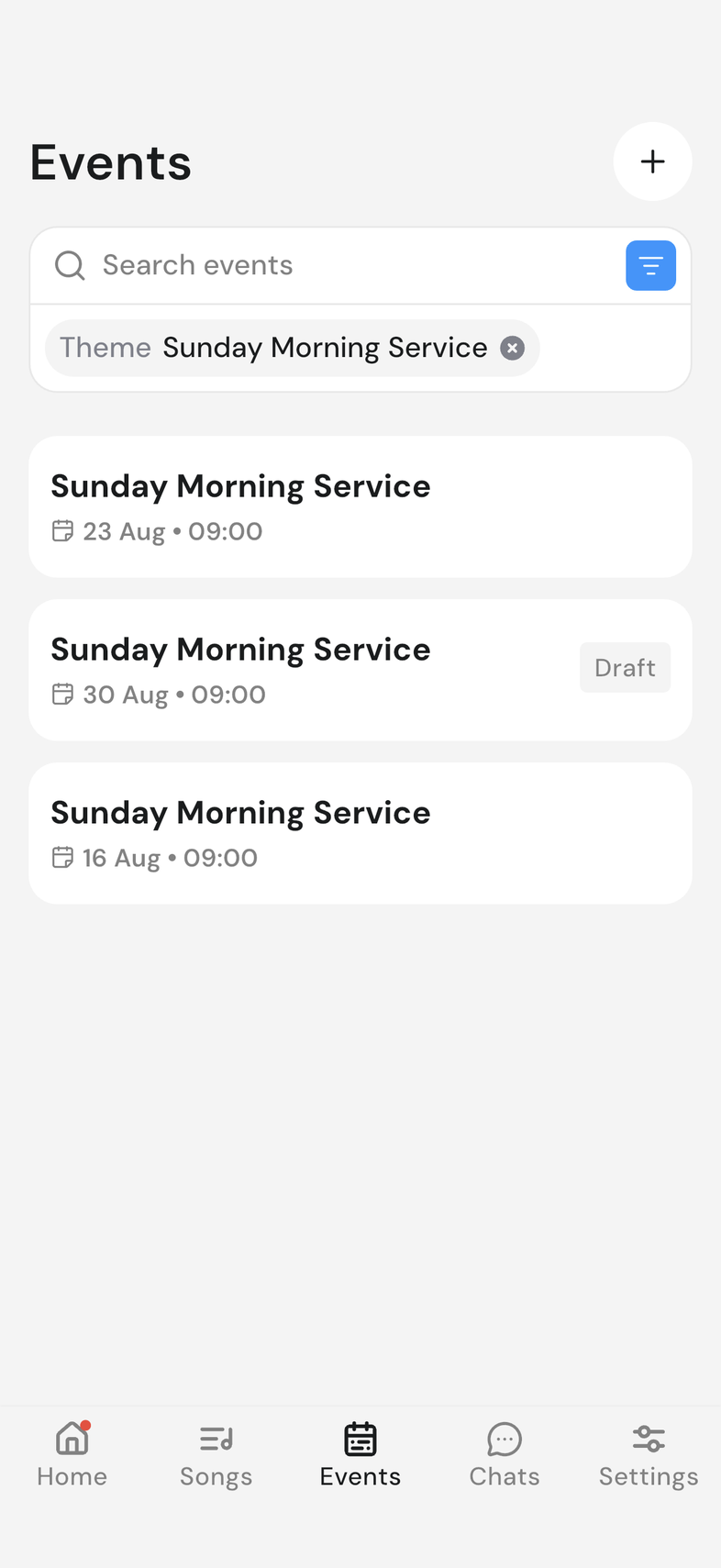 Events tab with a template chip under the search box and the filter icon highlighted