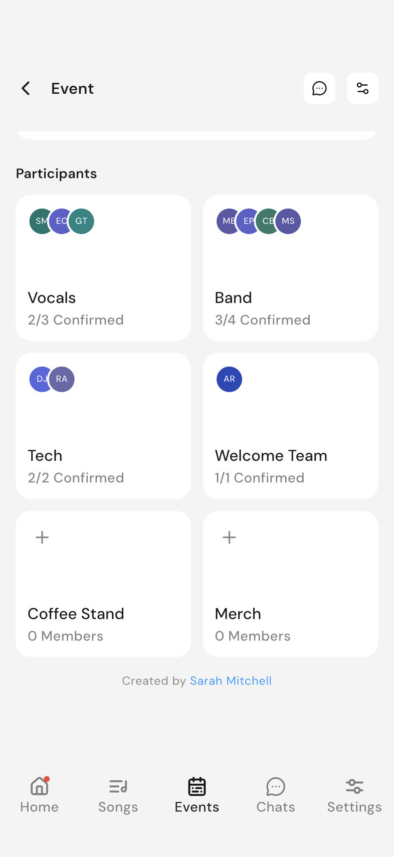 Event page, Participants section, group cards