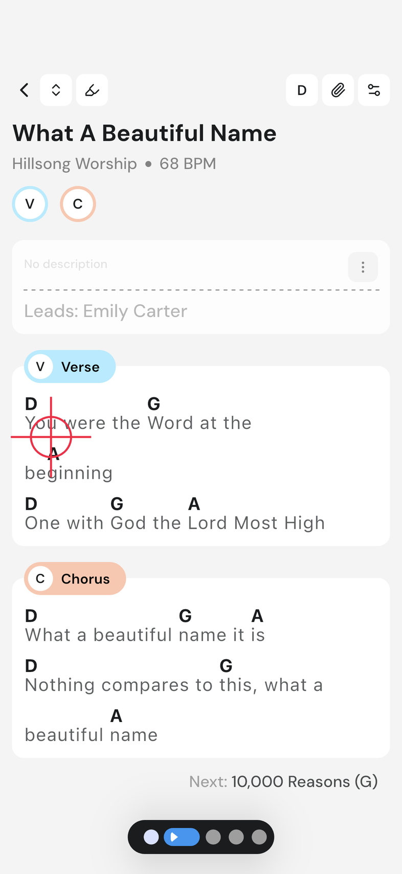 Song open in presenting view during an event, with the next item swiping in