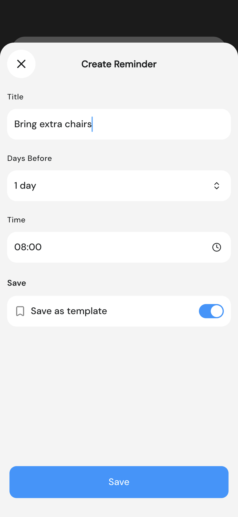 Create Reminder sheet showing Title, Days Before and Time