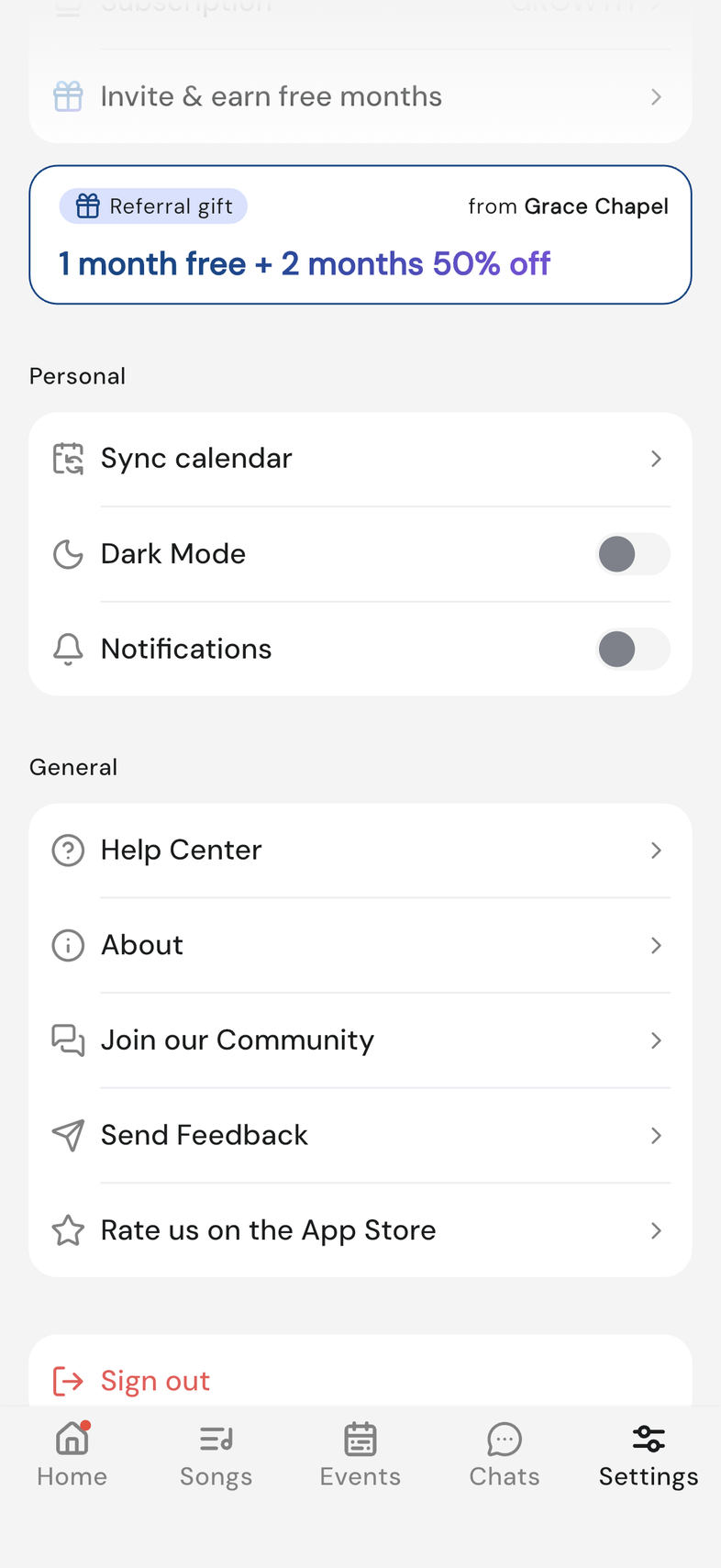 Settings screen on mobile with the Join our Community row