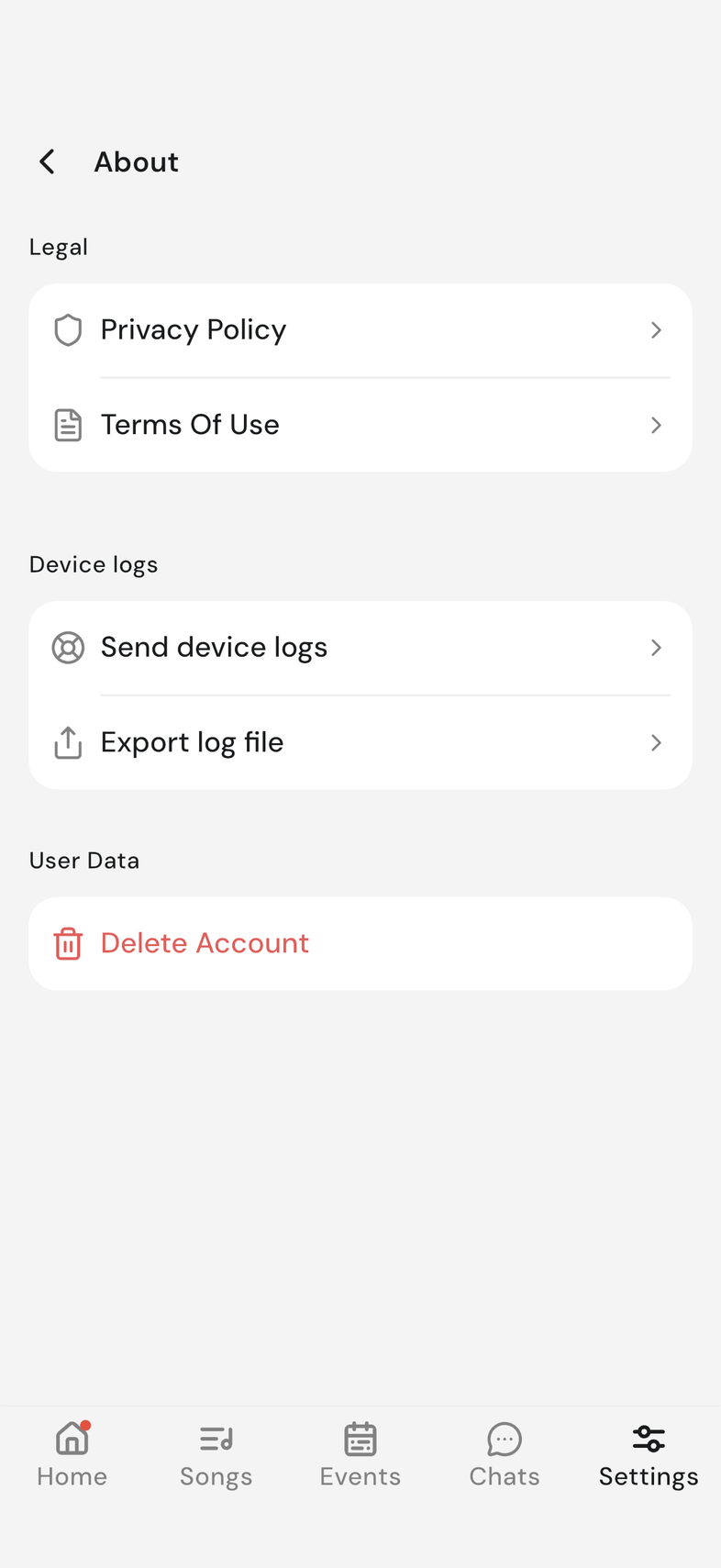 2. About screen with the Device logs card