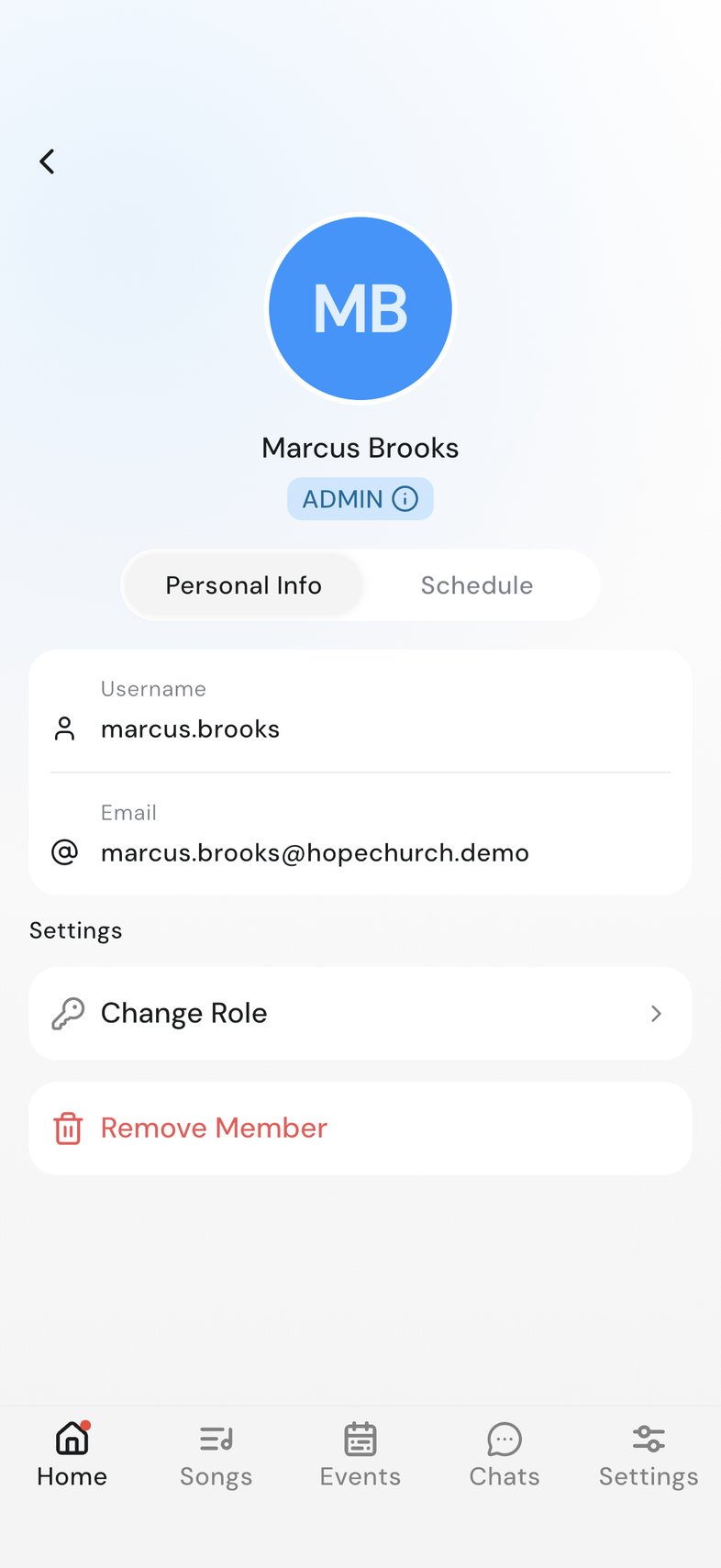 Member profile on mobile, Settings section with Change Role and Remove Member