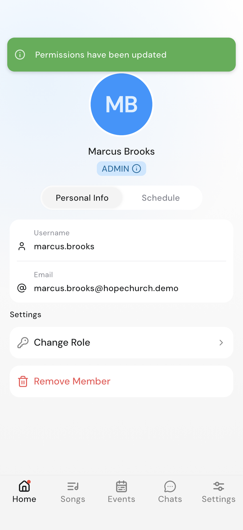 Member profile showing Permissions have been updated confirmation at the top