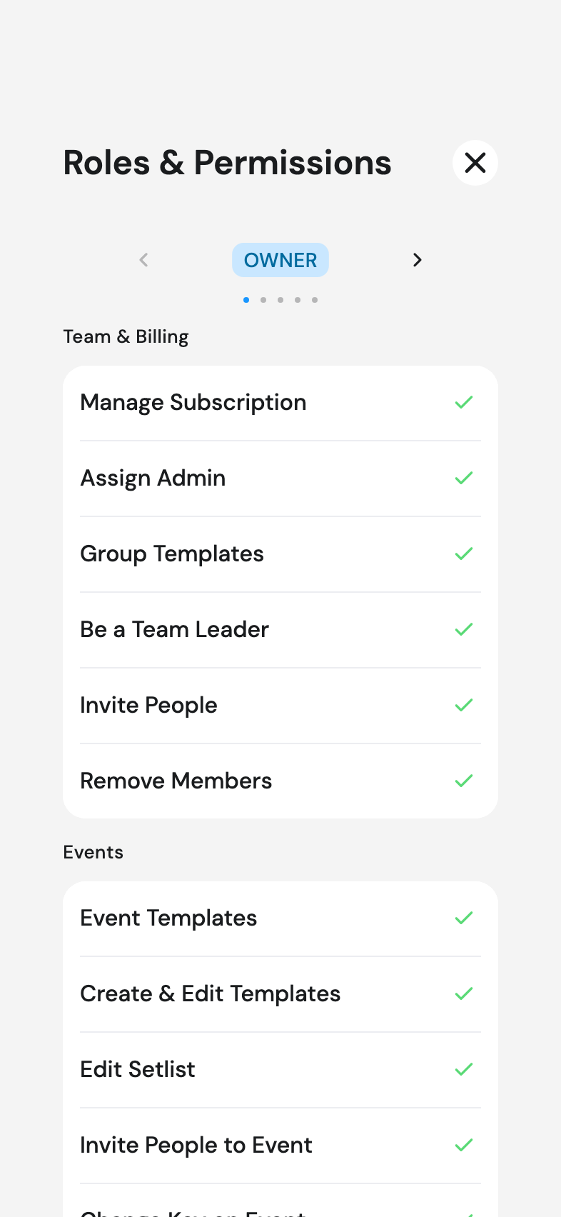 Roles & Permissions screen in the app, Team & Billing section