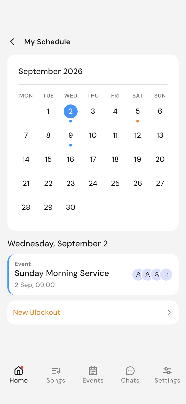 My Schedule with a day selected and the New Blockout card below the list