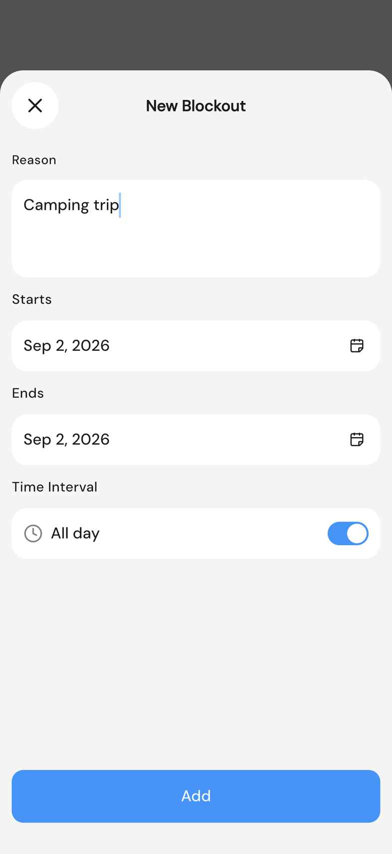 New Blockout form with Reason filled in and the All day switch on