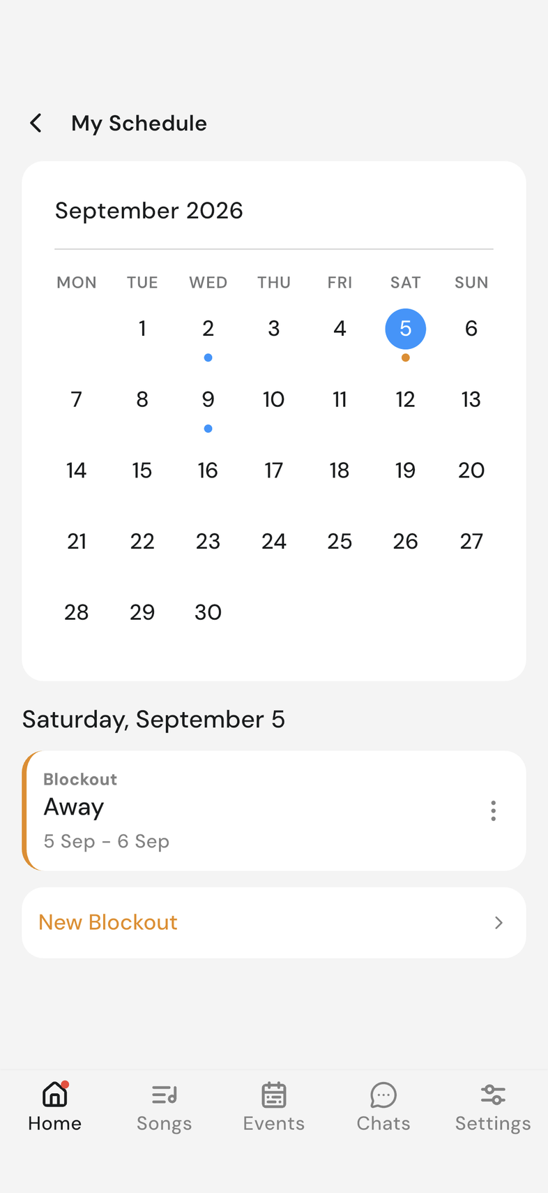My Schedule with the new blockout now listed on the day