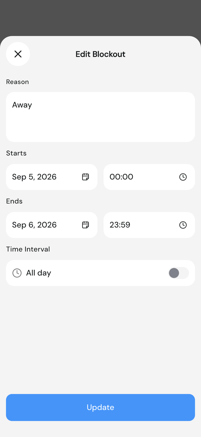 Edit Blockout sheet with the Reason field, the dates, and the All day switch