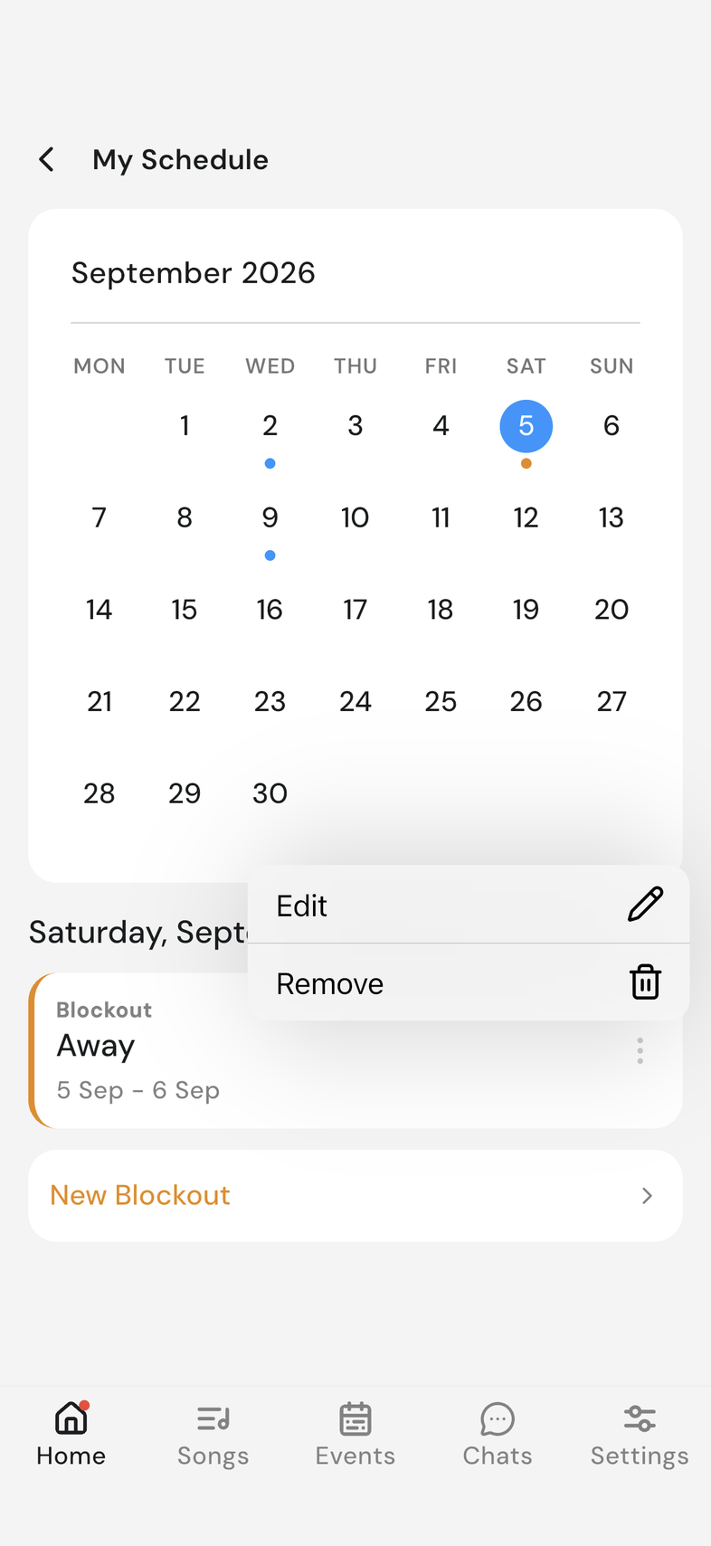 Blockout row in the day list with its three-dot menu open on Edit and Remove