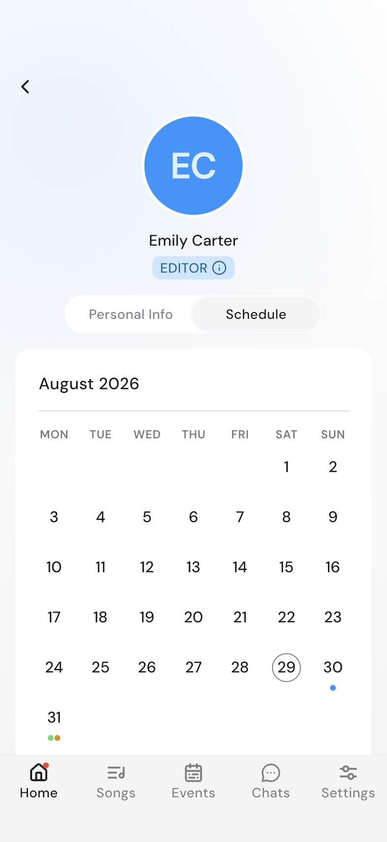 Member profile with the Schedule tab selected, showing their month calendar