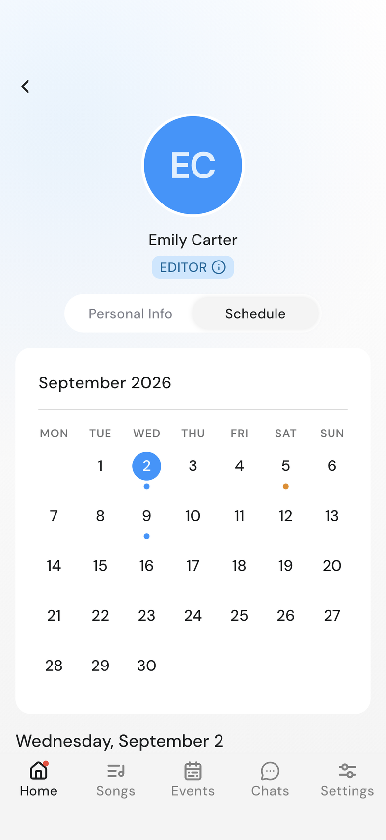 Selected day on their calendar with that day's items listed below