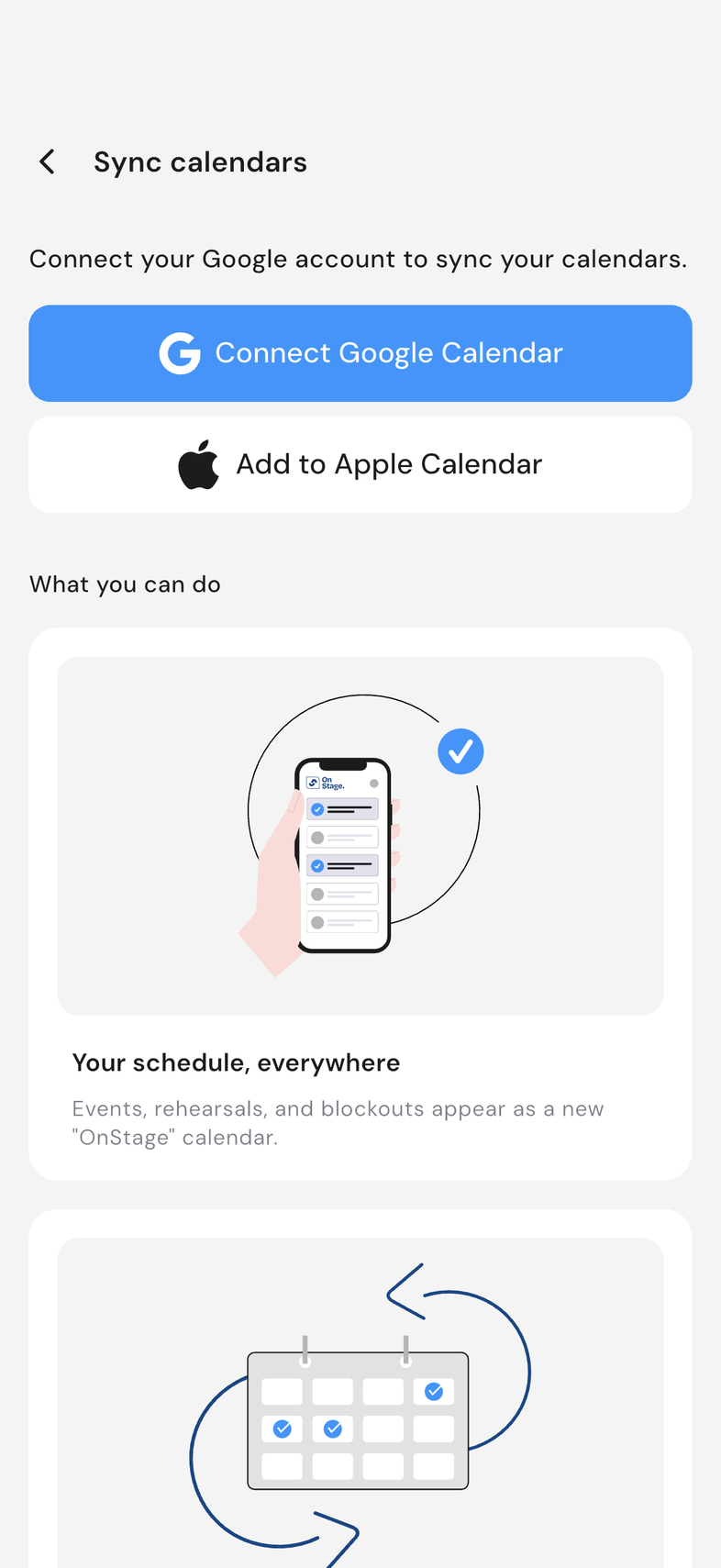 Sync calendars screen with the Connect Google Calendar button
