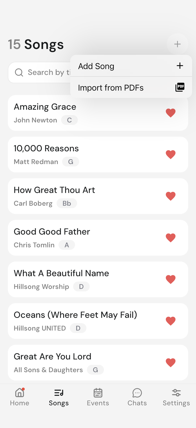 Songs tab on mobile, plus menu open showing Add Song and Import from PDFs