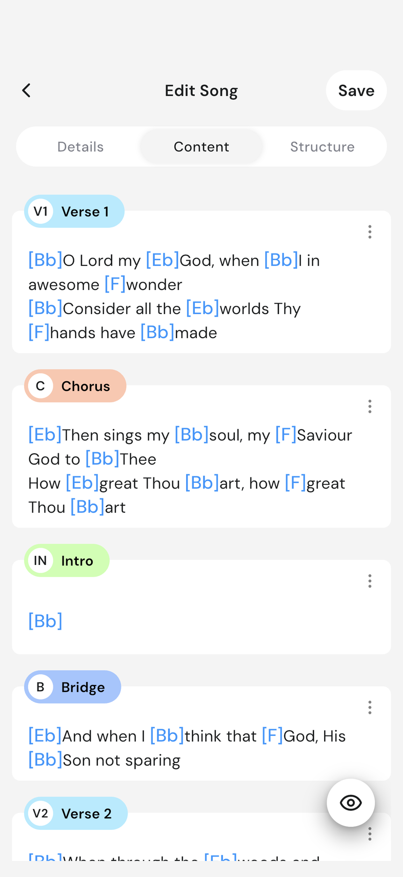 Song editor, Content tab, a section with bracketed chords above the lyrics