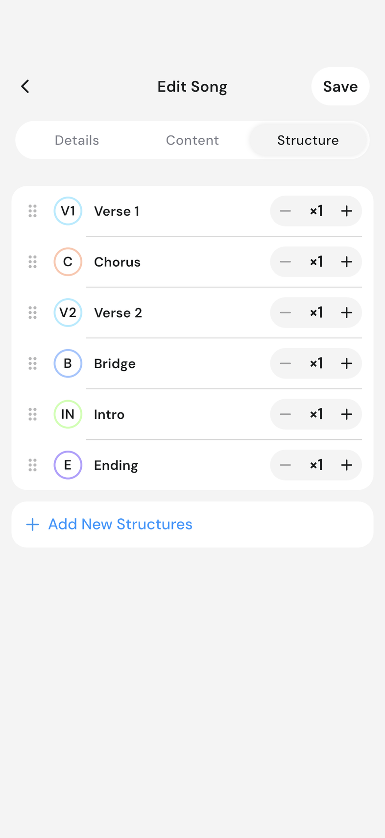 Song editor, Structure tab, the structure listed with drag handles
