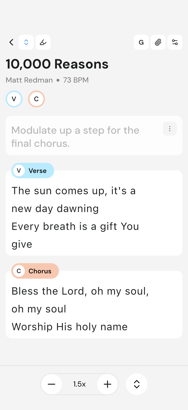 Song page on mobile, highlighter icon at the top left, drawing toolbar at the bottom