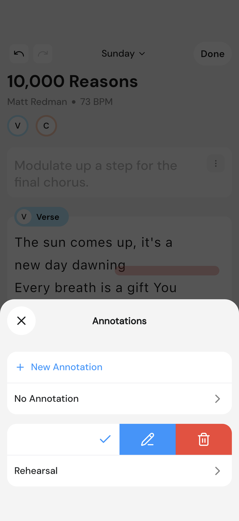 Annotation row swiped left showing the pencil and bin actions