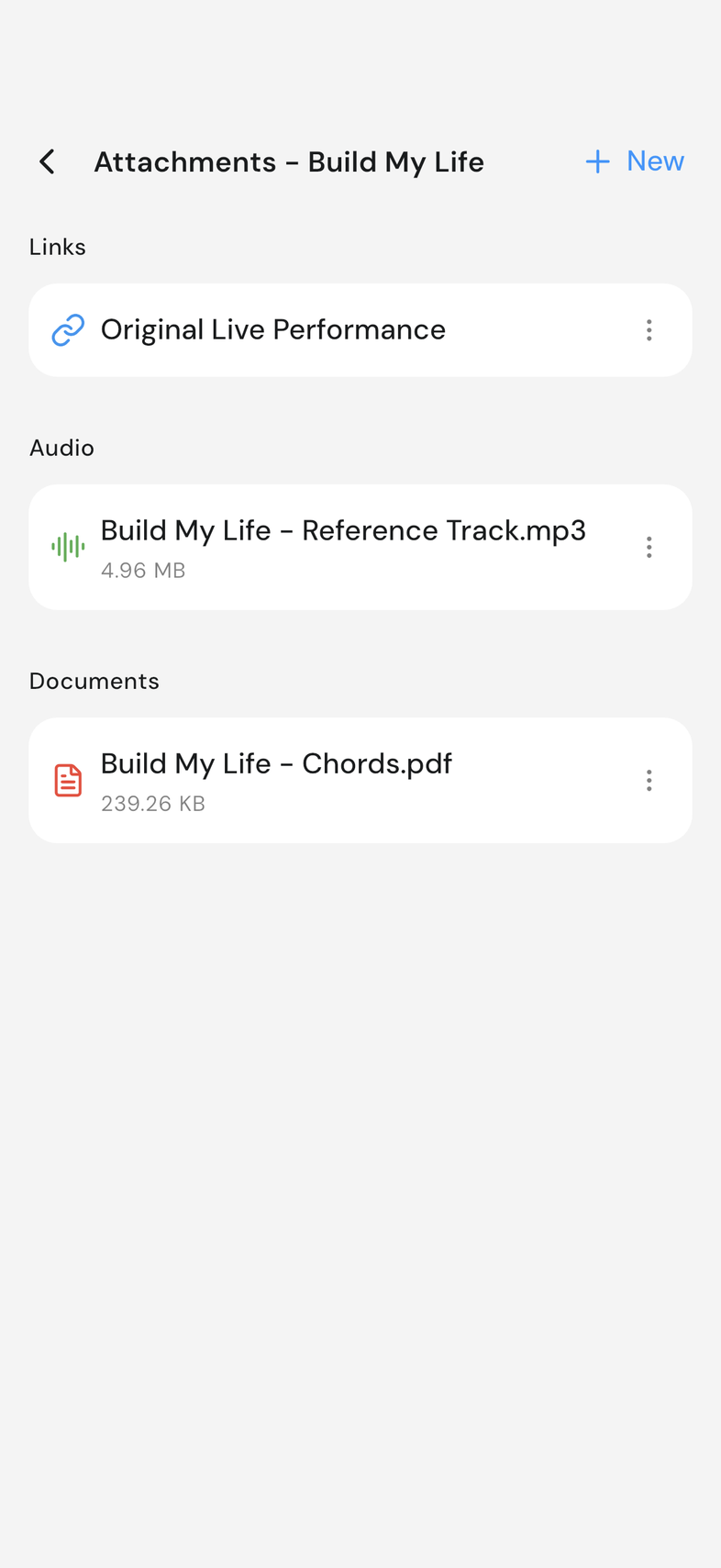 Attachments screen with the Documents group