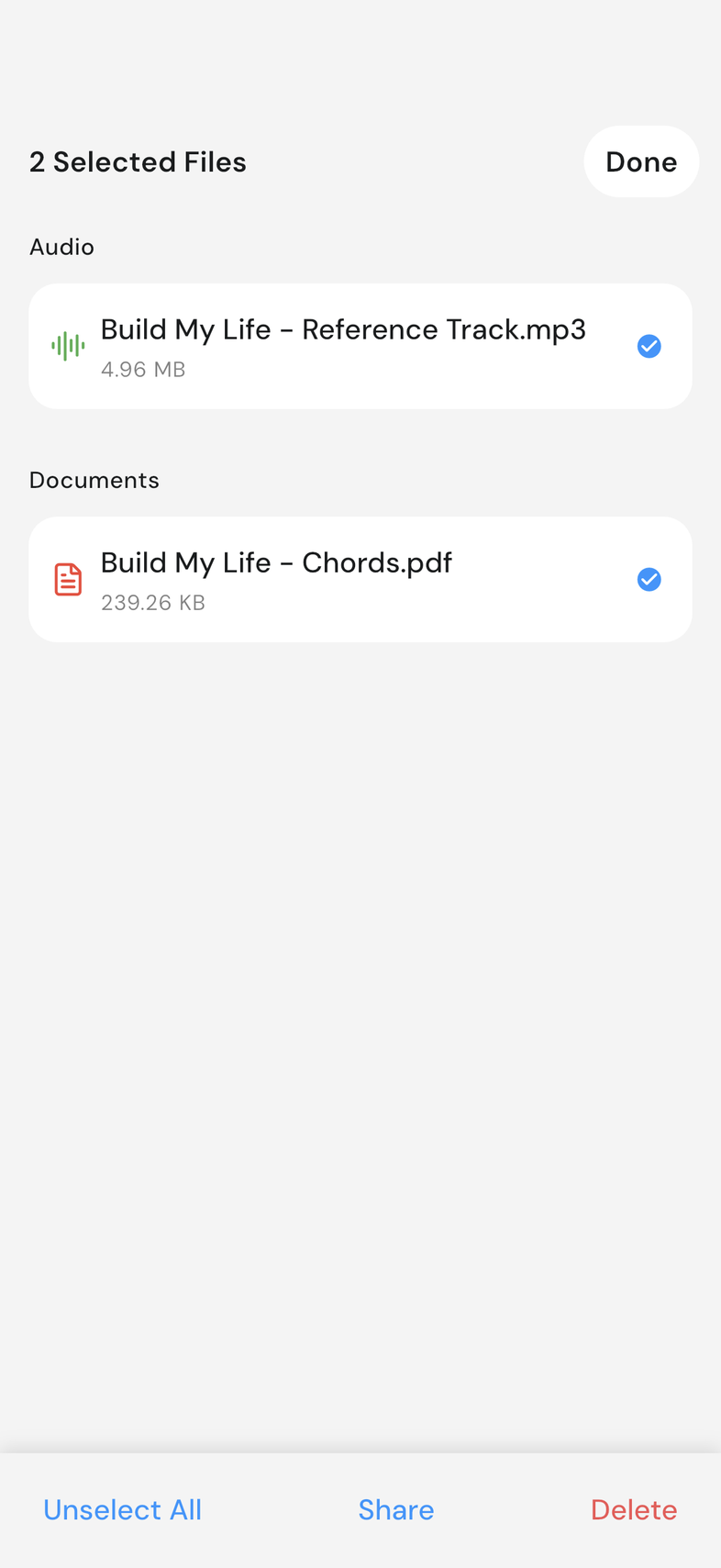 Attachments screen in selection mode with two files ticked