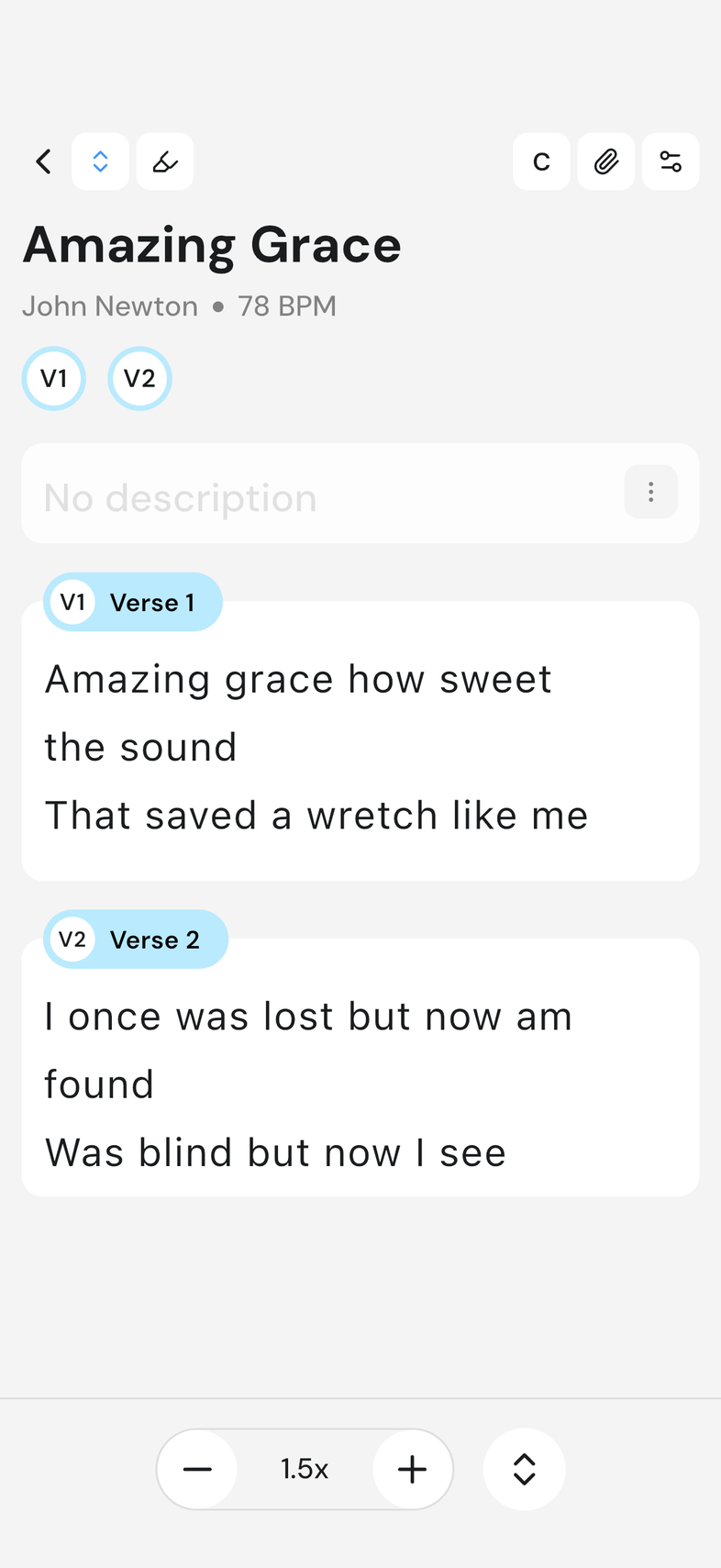 Song page on mobile, double-chevron icon blue, autoscroll control bar at the bottom