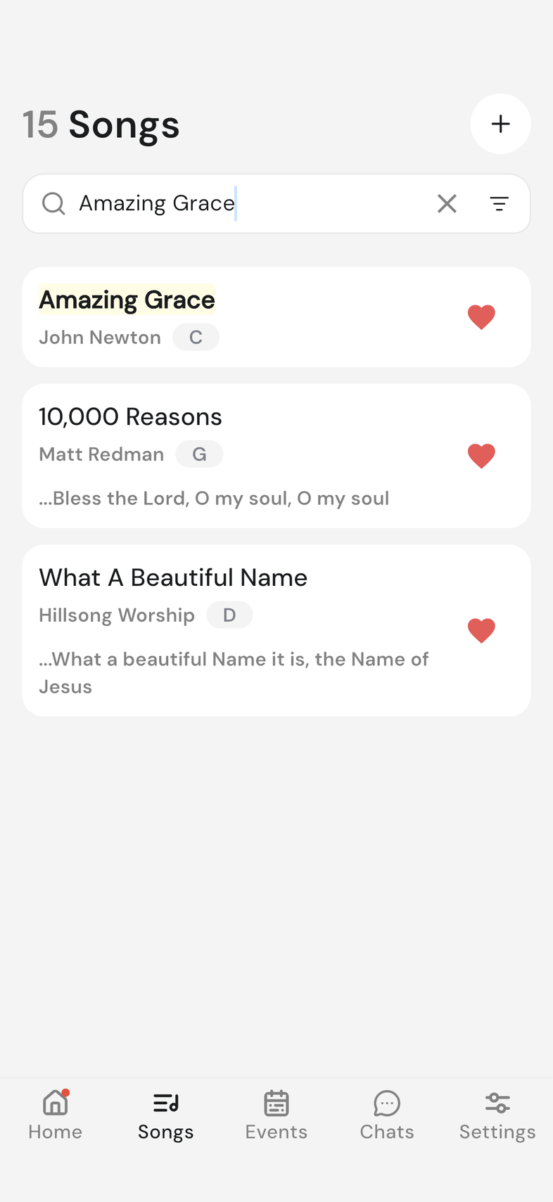 Songs tab with a title search typed in and the matching song shown
