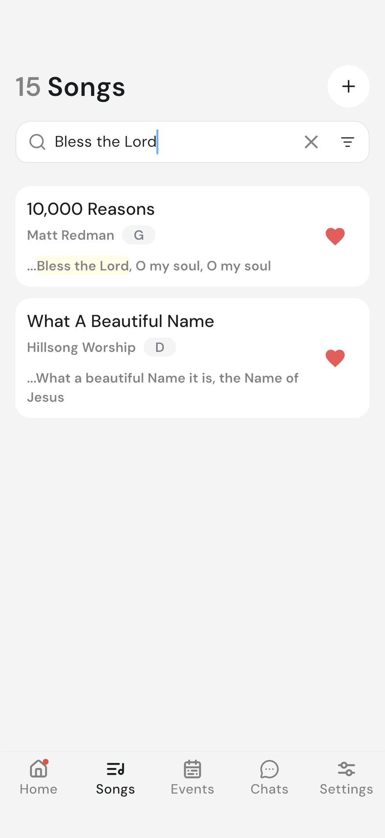 Songs tab with a lyric search typed in and the matching line highlighted under a song