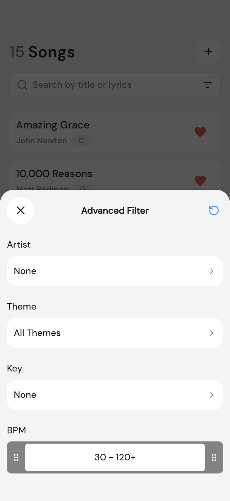 Advanced Filter sheet showing Artist, Theme, Key and the Tempo slider