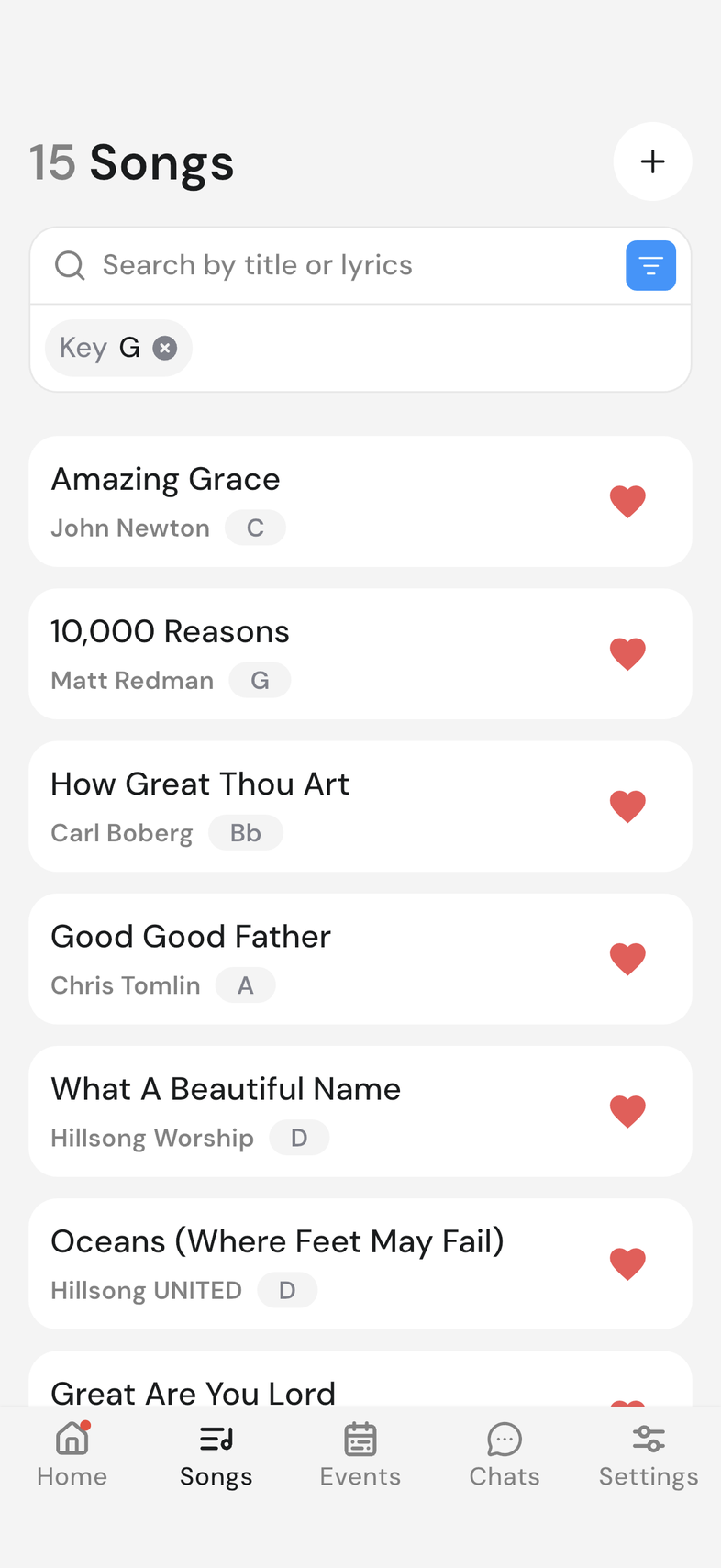 Songs tab with filter chips shown under the search bar and the filter icon highlighted