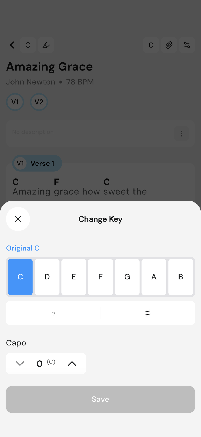 Change Key sheet on mobile with the key row open and the current key highlighted
