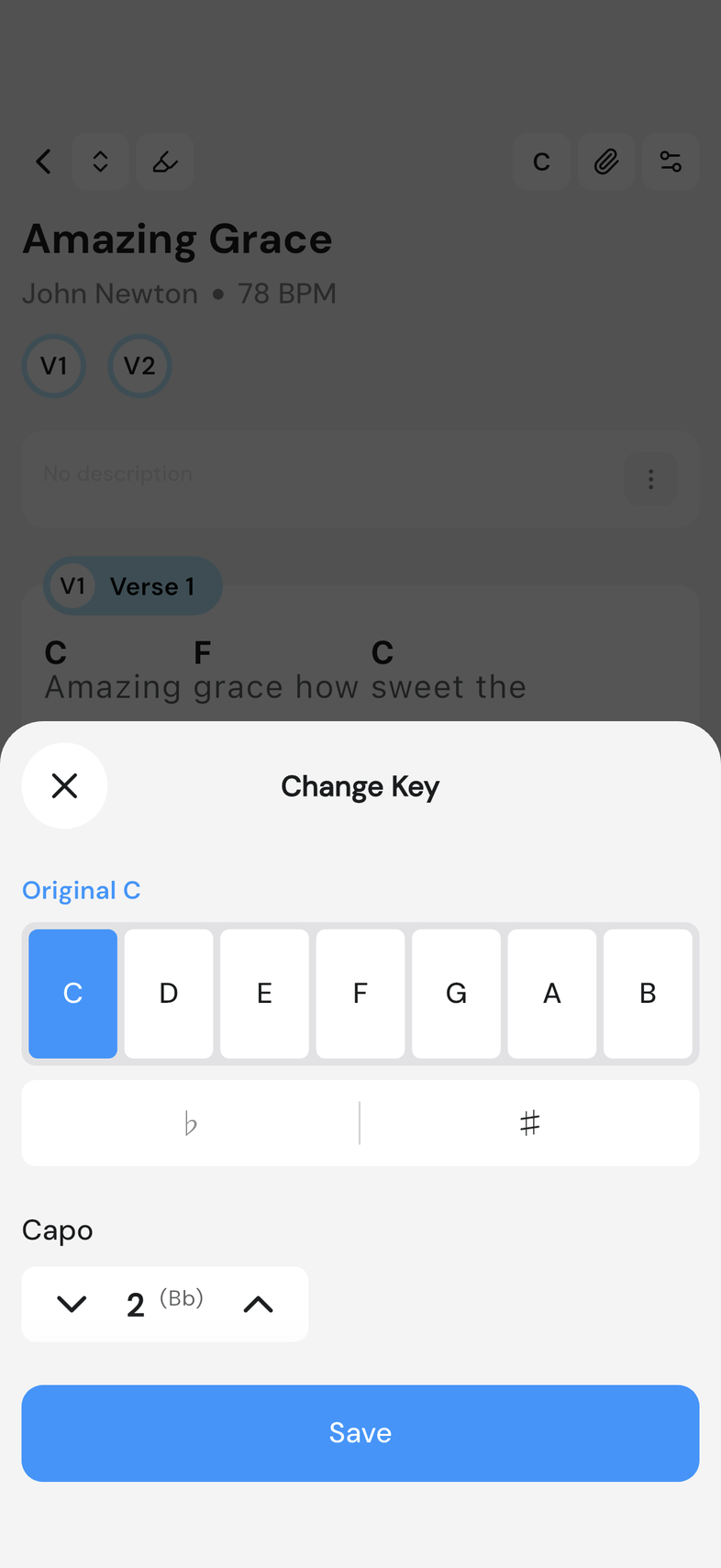 Change Key sheet with the Capo stepper set to 2 and the shape shown in brackets