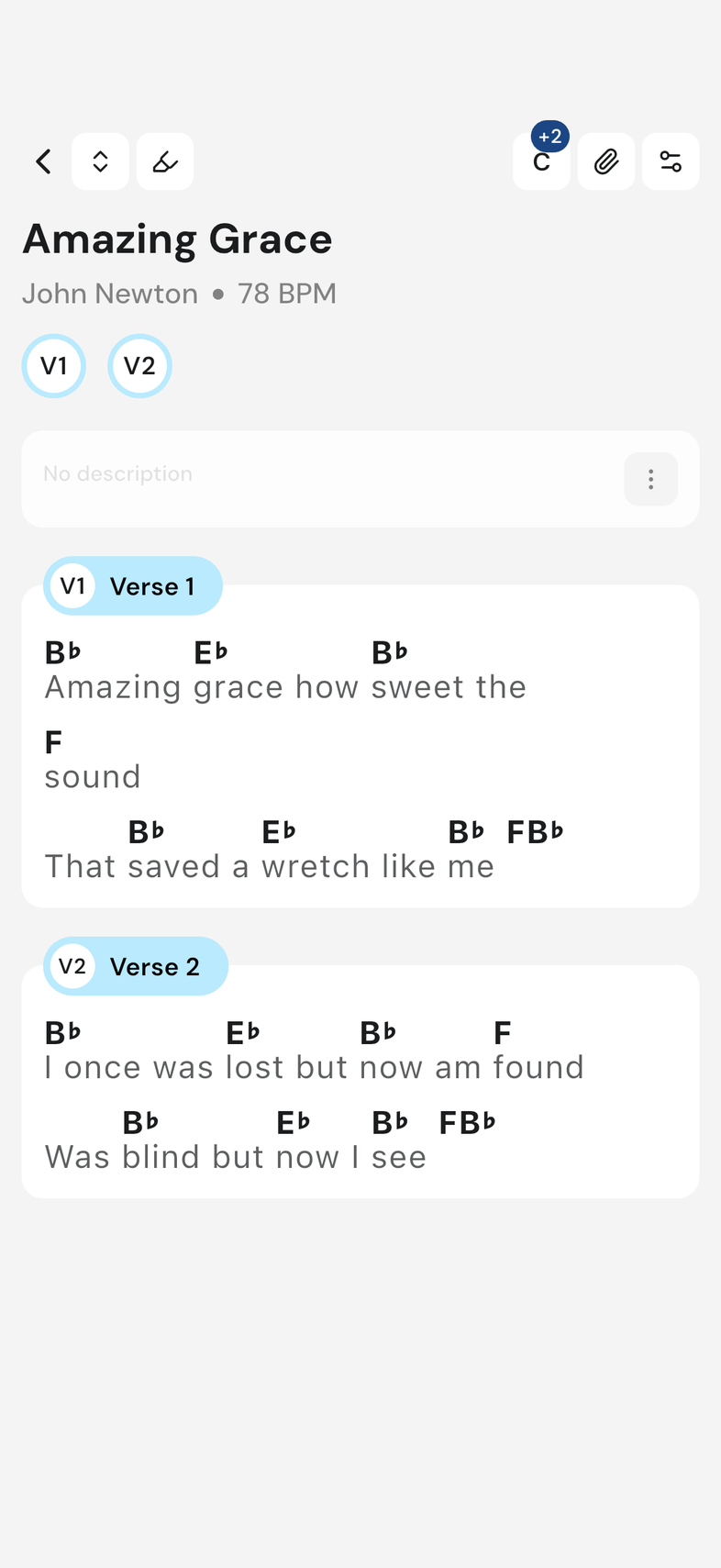 Song page with the key showing a +2 badge