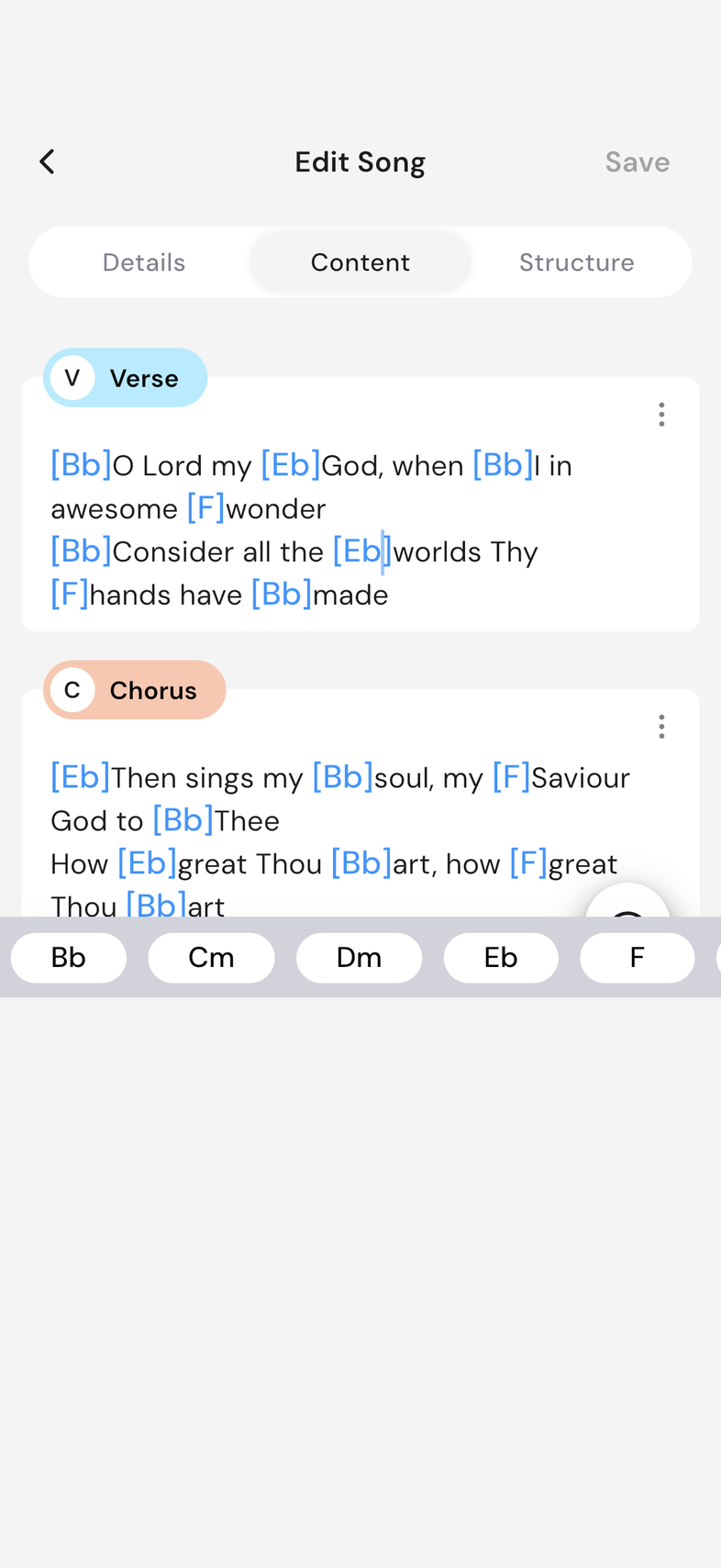 Song editor, Content tab, chord toolbar sitting above the keyboard